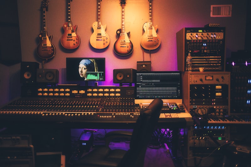 Recording studio mixing board and monitors